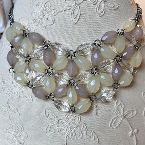 Floral soft pastel neutral bib necklace, silver chain, Whimsical Y2K Feminine